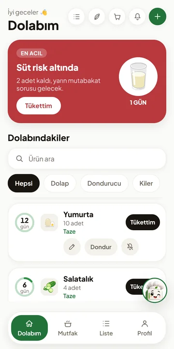 Ürün listesi: her ürünün yanında kalan gün halkası