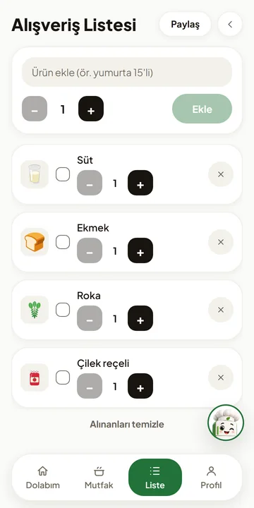 Alışveriş listesi ekranı